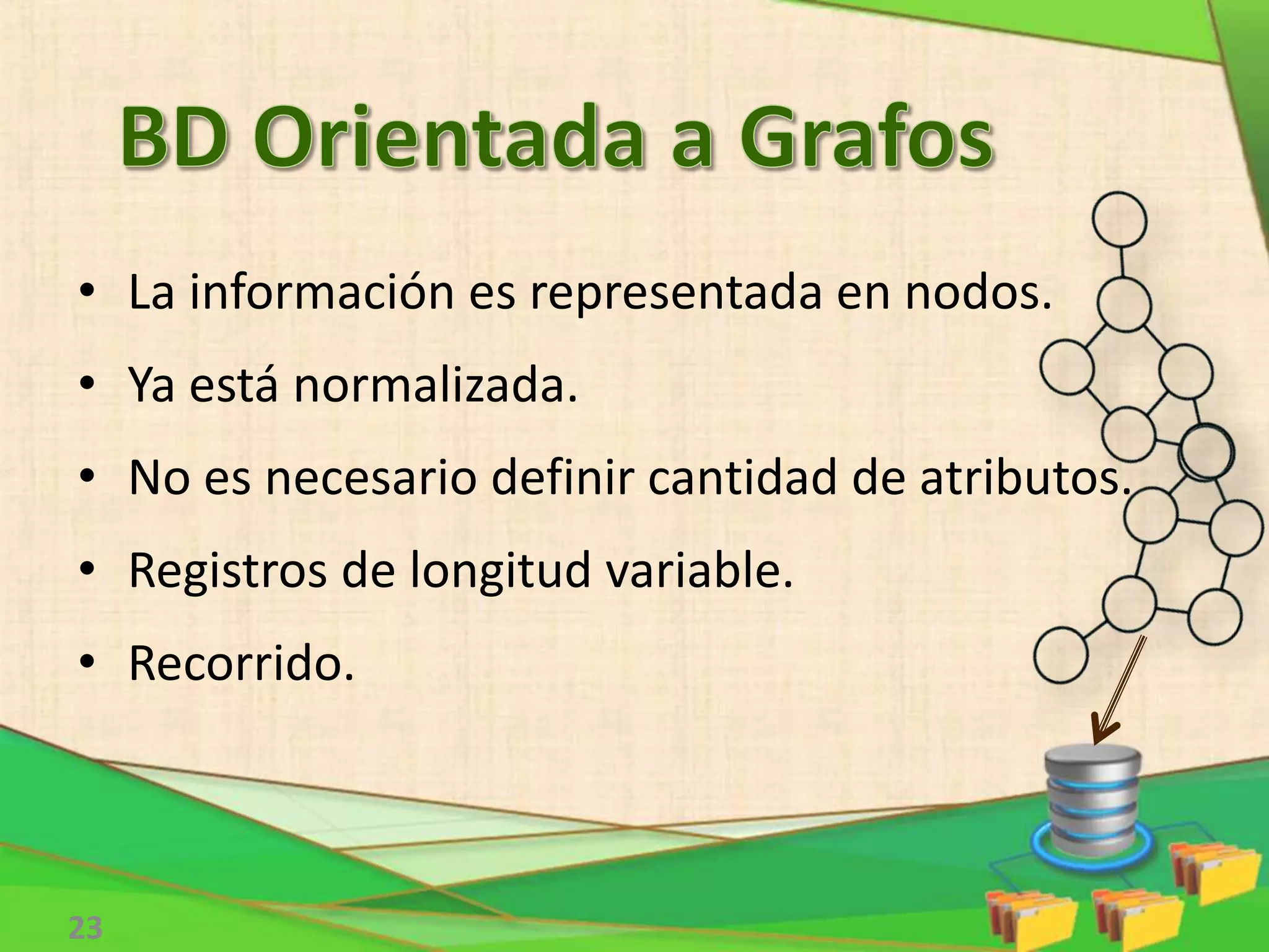 • La información es representada en nodos.
• Ya está normalizada.
• No es necesario definir cantidad de atributos.
• Registros de longitud variable.
• Recorrido.
23
 