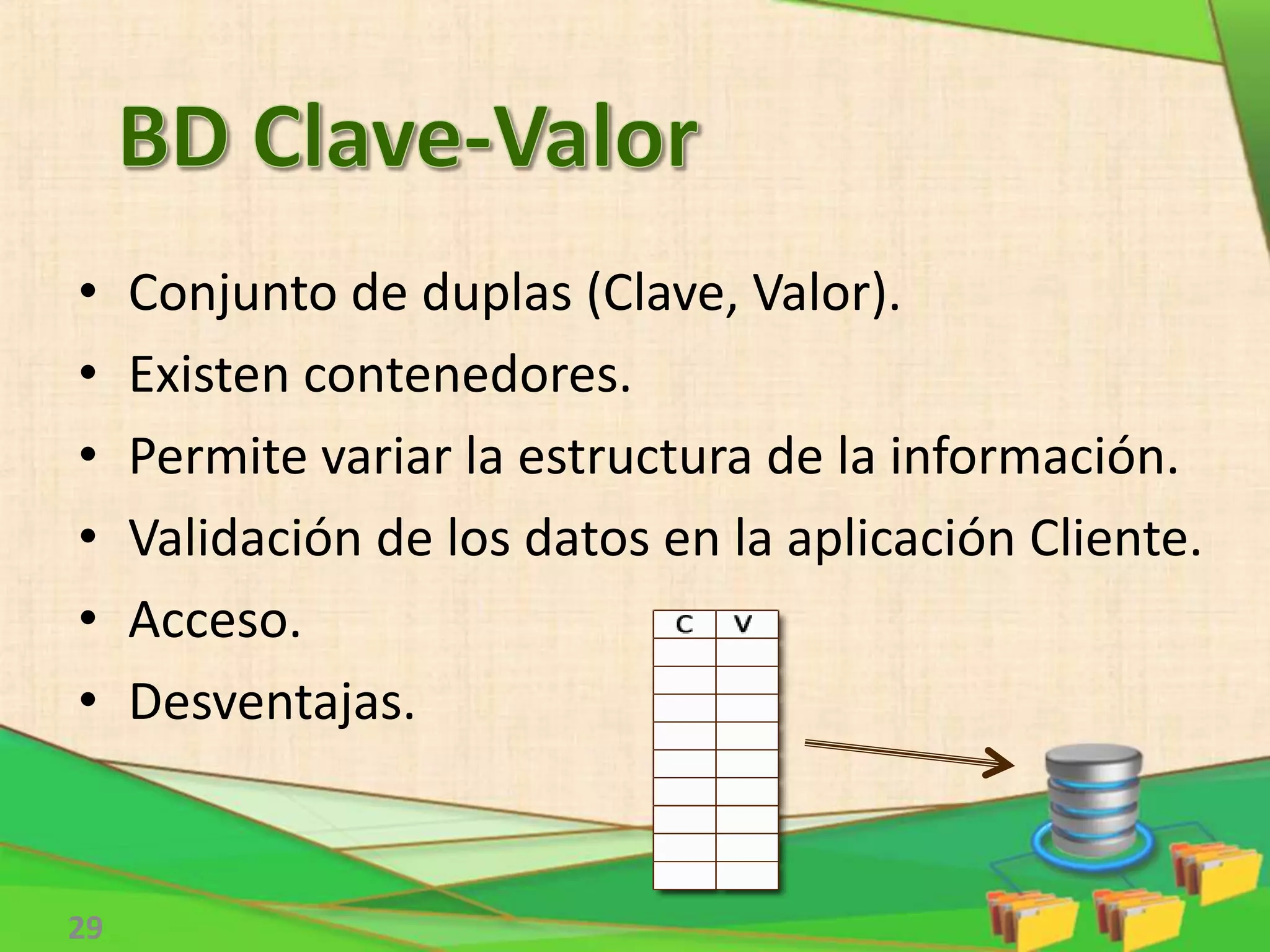 • Conjunto de duplas (Clave, Valor).
• Existen contenedores.
• Permite variar la estructura de la información.
• Validación de los datos en la aplicación Cliente.
• Acceso.
• Desventajas.
29
 