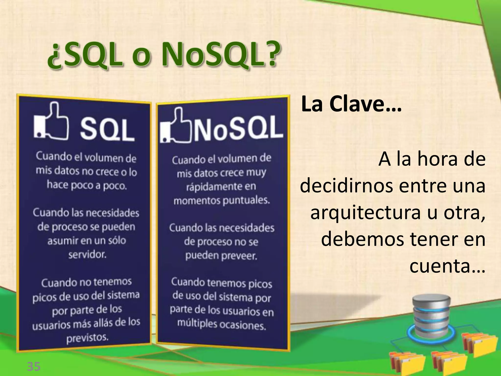 La Clave…
A la hora de
decidirnos entre una
arquitectura u otra,
debemos tener en
cuenta…
35
 