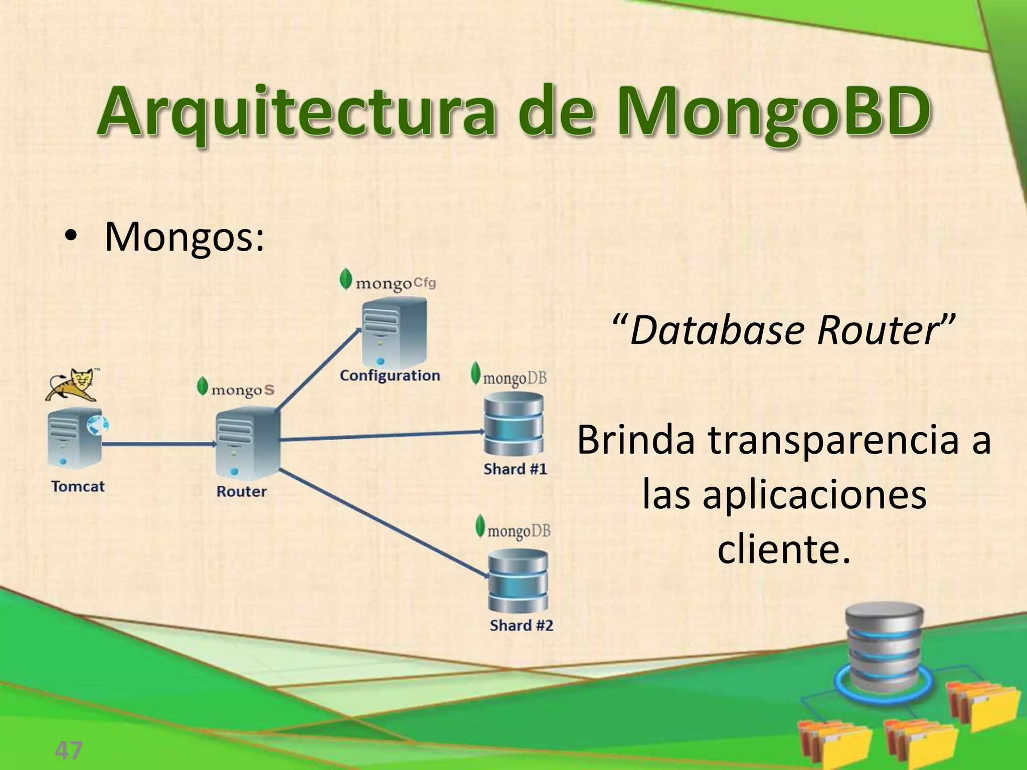 47
“Database Router”
Brinda transparencia a
las aplicaciones
cliente.
• Mongos:
 