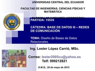 UNIVERSIDAD CENTRAL DEL ECUADOR

FACULTAD DE INGENIERÍAS, CIENCIAS FÍSICAS Y
               MATEMÁTICA

       CARRERA DE INGENIERÍA INFORMÁTICA
      PARTIDA: 15535

      CÁTEDRA: BASE DE DATOS III – REDES
      DE COMUNICACIÓN

      TEMA: Diseño de Bases de Datos
      Relacionales.

      Ing. Lester López Carrió, MSc.

     Correo: lester2005cu@yahoo.es
             Telf: 099212821
           D.M.Q., 28 de mayo de 2012
 
