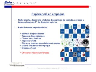 Experiencia en empaque Bombas dispensadoras Tapones dispensadroes Closed loop devices Tapones CR/TE  Cierres y tapones con sistema de venteo Diseño Industrial de empaque Empaque Total   Ofreciendo rapidez al mercado Rieke diseña, desarrolla y fabrica dispositivos de vaciado, envases y tapones hasta de 6” de diametro exterior Rieke le ofrece experiencia en: 