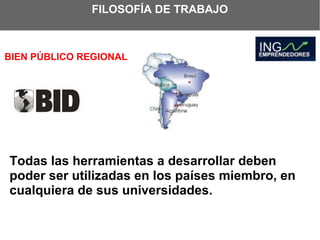 FILOSOFÍA DE TRABAJO



BIEN PÚBLICO REGIONAL




Todas las herramientas a desarrollar deben
poder ser utilizadas en los países miembro, en
cualquiera de sus universidades.
 