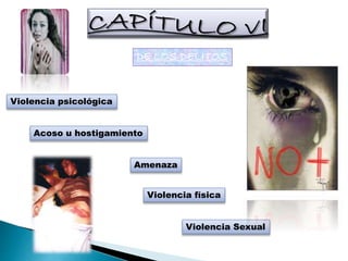 DE LOS DELITOS
Violencia psicológica
Acoso u hostigamiento
Amenaza
Violencia física
Violencia Sexual
 