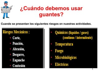 ¿Cuándo debemos usar guantes? Cuando se presentan los siguientes riesgos en nuestras actividades. 