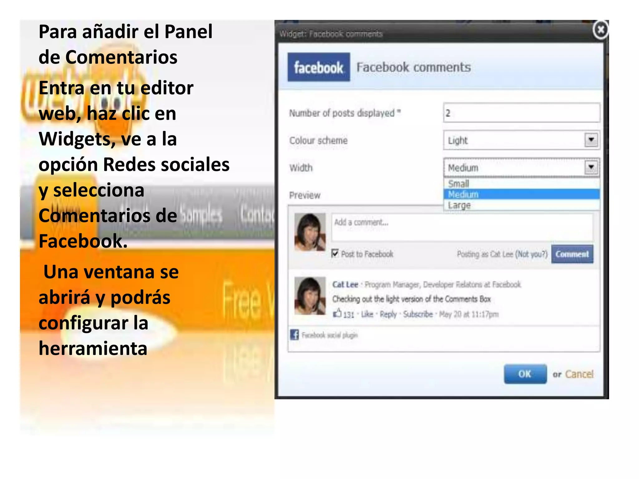 Para añadir el Panel
de Comentarios
Entra en tu editor
web, haz clic en
Widgets, ve a la
opción Redes sociales
y selecciona
Comentarios de
Facebook.
 Una ventana se
abrirá y podrás
configurar la
herramienta
 