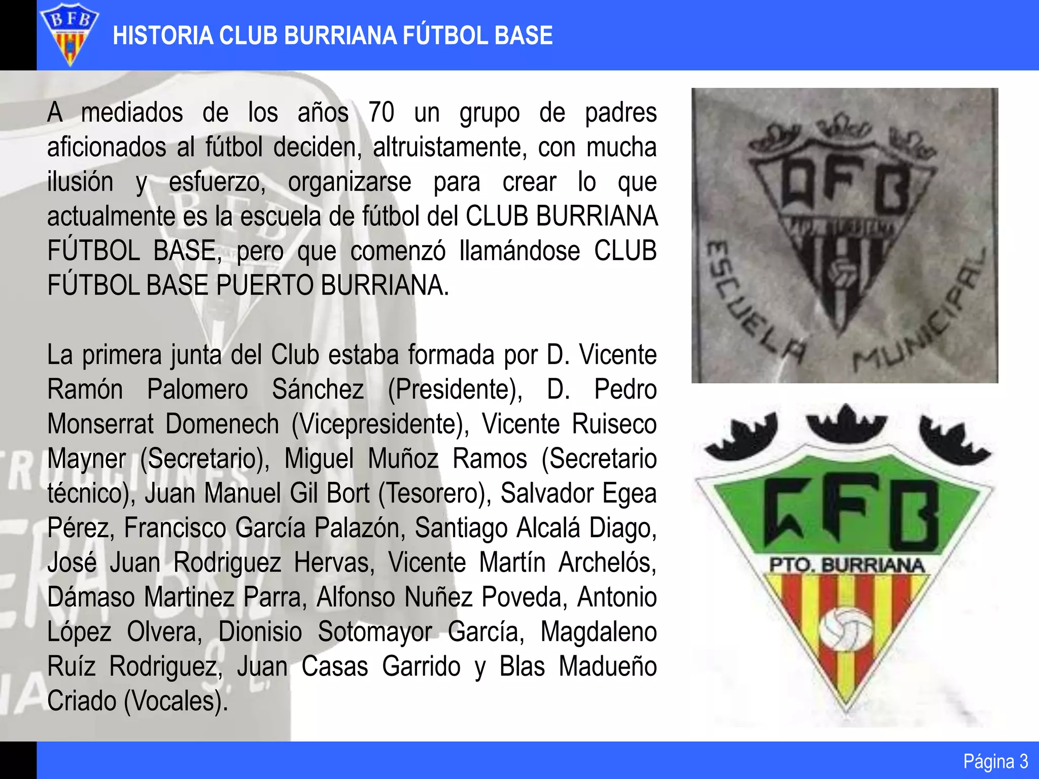 HISTORIA CLUB BURRIANA FÚTBOL BASE
Página 3
A mediados de los años 70 un grupo de padres
aficionados al fútbol deciden, altruistamente, con mucha
ilusión y esfuerzo, organizarse para crear lo que
actualmente es la escuela de fútbol del CLUB BURRIANA
FÚTBOL BASE, pero que comenzó llamándose CLUB
FÚTBOL BASE PUERTO BURRIANA.
La primera junta del Club estaba formada por D. Vicente
Ramón Palomero Sánchez (Presidente), D. Pedro
Monserrat Domenech (Vicepresidente), Vicente Ruiseco
Mayner (Secretario), Miguel Muñoz Ramos (Secretario
técnico), Juan Manuel Gil Bort (Tesorero), Salvador Egea
Pérez, Francisco García Palazón, Santiago Alcalá Diago,
José Juan Rodriguez Hervas, Vicente Martín Archelós,
Dámaso Martinez Parra, Alfonso Nuñez Poveda, Antonio
López Olvera, Dionisio Sotomayor García, Magdaleno
Ruíz Rodriguez, Juan Casas Garrido y Blas Madueño
Criado (Vocales).
 