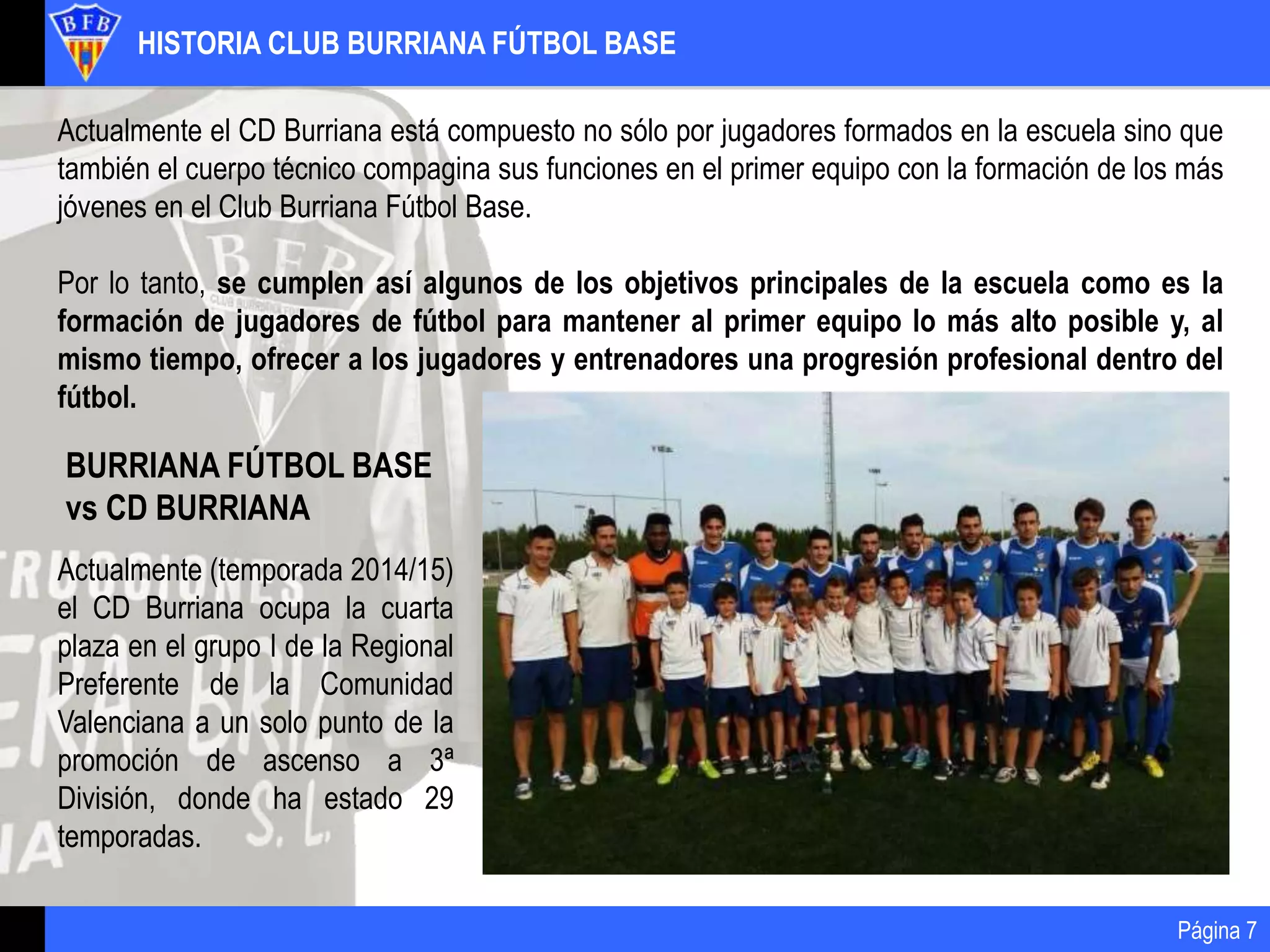 HISTORIA CLUB BURRIANA FÚTBOL BASE
Página 7
BURRIANA FÚTBOL BASE
vs CD BURRIANA
Actualmente el CD Burriana está compuesto no sólo por jugadores formados en la escuela sino que
también el cuerpo técnico compagina sus funciones en el primer equipo con la formación de los más
jóvenes en el Club Burriana Fútbol Base.
Por lo tanto, se cumplen así algunos de los objetivos principales de la escuela como es la
formación de jugadores de fútbol para mantener al primer equipo lo más alto posible y, al
mismo tiempo, ofrecer a los jugadores y entrenadores una progresión profesional dentro del
fútbol.
Actualmente (temporada 2014/15)
el CD Burriana ocupa la cuarta
plaza en el grupo I de la Regional
Preferente de la Comunidad
Valenciana a un solo punto de la
promoción de ascenso a 3ª
División, donde ha estado 29
temporadas.
 