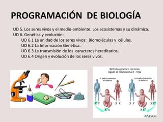 PROGRAMACIÓN DE BIOLOGÍA
UD 5. Ecología y medio ambiente.
UD 5.1 Estructura y dinámica de los ecosistemas.
UD 5.2 La actividad humana y el medio ambiente.
UD 6. Genética y evolución.
UD 6.1 La organización celular de los seres vivos.
UD 6.2 Herencia y Genética.
UD 6.3 La información y la manipulación genética.
UD 6.4 Origen y evolución de la vida.
 
