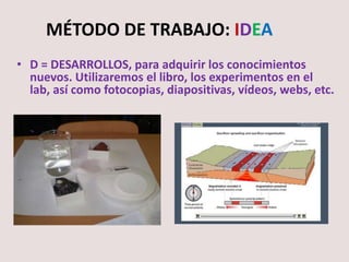 MÉTODO DE TRABAJO: IDEA
• D = DESARROLLOS, para adquirir los conocimientos
nuevos. Utilizaremos el libro, los experimentos en el
lab, así como fotocopias, diapositivas, vídeos, webs, etc.
 