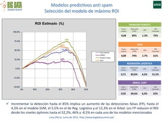 Modelos predictivos anti spam
Selección del modelo de máximo ROI
Lima (Perú). Junio de 2015. http://www.bigdatasummit.pe/
RANDOM FORESTS
Score
umbral
Detección
(TPR)
FPR
ROI
Estimado
0,68 85% 1.3% 75%
SVM
Score
umbral
Detección
(TPR)
FPR
ROI
Estimado
0,89 74% 1.7% 61%
REGRESIÓN LOGÍSTICA
Score
umbral
Detección
(TPR)
FPR
ROI
Estimado
0,71 83,6% 4,2% 51,5%
ÁRBOL CART
Score
umbral
Detección
(TPR)
FPR
ROI
Estimado
0,92 69,6% 6,3% 22%
 Incrementar la detección hasta el 85% implica un aumento de las detecciones falsas (FP), hasta el
4,3% en el modelo SVM, el 5,5% en el de Reg. Logística y el 12,3% en el Árbol. Los FP reducen el ROI
desde los niveles óptimos hasta el 52,2%, 46% y -8,5% en cada uno de los modelos mencionados
 