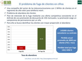 El problema de fuga de clientes en cifras
Lima (Perú). Junio de 2015. http://www.bigdatasummit.pe/
 Una compañía del sector de las telecomunicaciones con 1 Millón de clientes en el
segmento de alto valor para telefonía móvil.
 Problema de abandono de clientes
 Plan de retención de la fuga mediante una oferta competitiva consistente en el
disfrute de una promoción de descuento de 15$ mensuales. La promoción exige un
compromiso de permanencia por un año
 Para ello se busca identificar los clientes con mayor propensión al abandono
145000 clientes
cancelaron su contrato
Pérdida anual
promedio de 900$ por
cliente (75$ / mes)
Pérdida total por fuga
130,5 MM $
Tasa de abandono
 