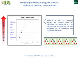 Modelos predictivos de fuga de clientes
Análisis de relevancia de variables
Lima (Perú). Junio de 2015. http://www.bigdatasummit.pe/
-Relevanciadevariables+
Mediante el algoritmo Random
Forests (Leo Breiman, 2001) de
agregación de modelos de árbol se
identifican las variables que son más
relevantes en la predicción del
abandono de clientes
 