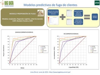 Modelos predictivos de fuga de clientes
Lima (Perú). Junio de 2015. http://www.bigdatasummit.pe/
MODELO PROPENSIÓN DE FUGA
Modelos empleados: Regresión Logística, árbol de decisión
CART, Random Forests y SVM
Ajuste del modelo
sobre una
muestra de
entrenamiento
Selección del
modelo óptimo
por validación en
muestra test
Selección de variables
mediante análisis de
relevancia
MODELO
ÓPTIMO
 