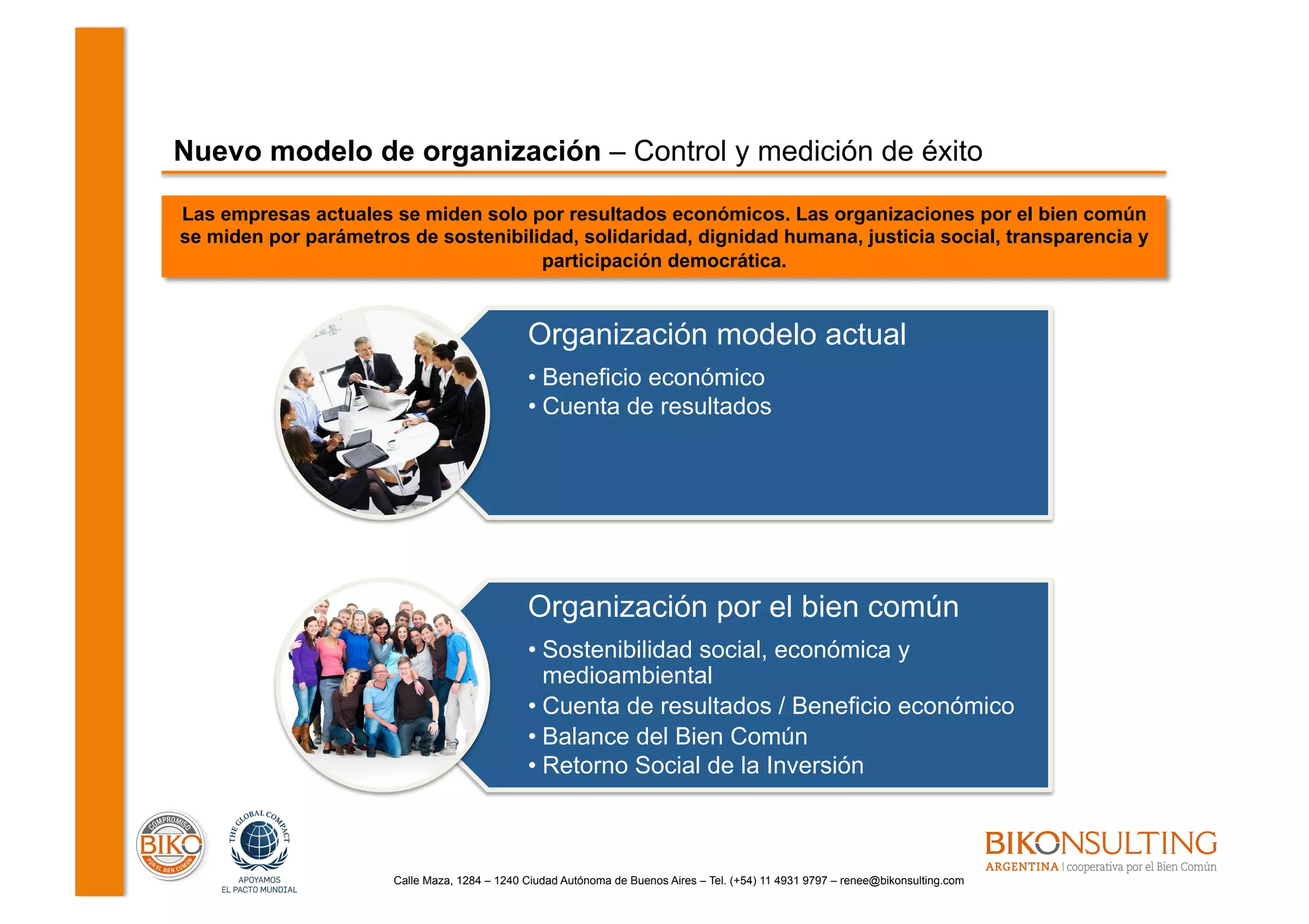 Calle Maza, 1284 – 1240 Ciudad Autónoma de Buenos Aires – Tel. (+54) 11 4931 9797 – renee@bikonsulting.com
Nuevo modelo de organización – Control y medición de éxito
Las empresas actuales se miden solo por resultados económicos. Las organizaciones por el bien común
se miden por parámetros de sostenibilidad, solidaridad, dignidad humana, justicia social, transparencia y
participación democrática.
Organización modelo actual
• Beneficio económico
• Cuenta de resultados
Organización por el bien común
• Sostenibilidad social, económica y
medioambiental
• Cuenta de resultados / Beneficio económico
• Balance del Bien Común
• Retorno Social de la Inversión
 