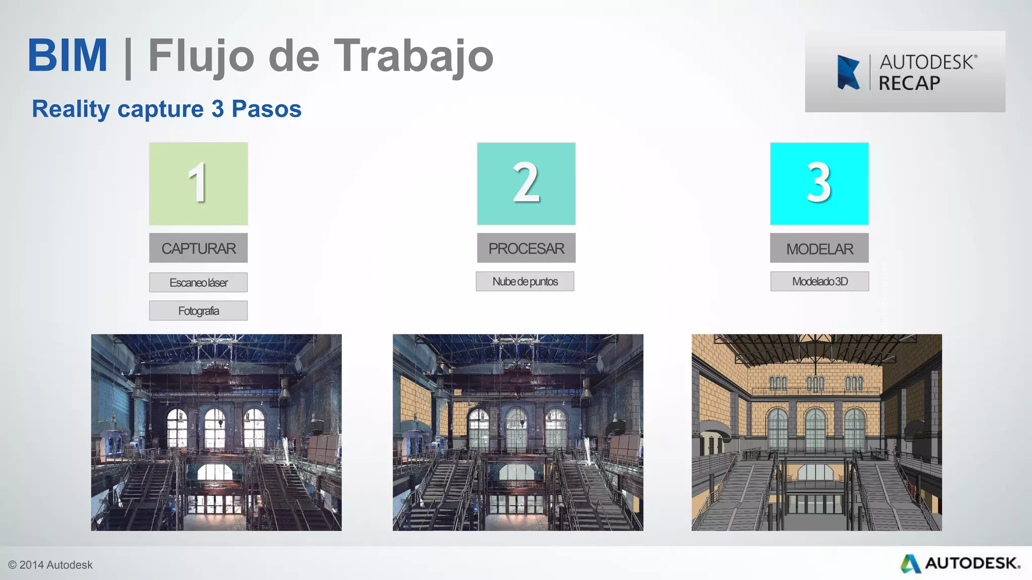 © 2014 Autodesk
Imagenwww.hilsonmoran.com
CAPTURAR PROCESAR MODELAR
1 2 3
Escaneoláser Nubedepuntos Modelado3D
Fotografia
BIM | Flujo de Trabajo
Reality capture 3 Pasos
 