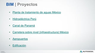 © 2013
BIM | Proyectos
• Planta de tratamiento de aguas México
• Hidroeléctrica Perú
• Canal de Panamá
• Carretera sobre nivel (infraestructura) México
• Aeropuertos
• Edificación
 