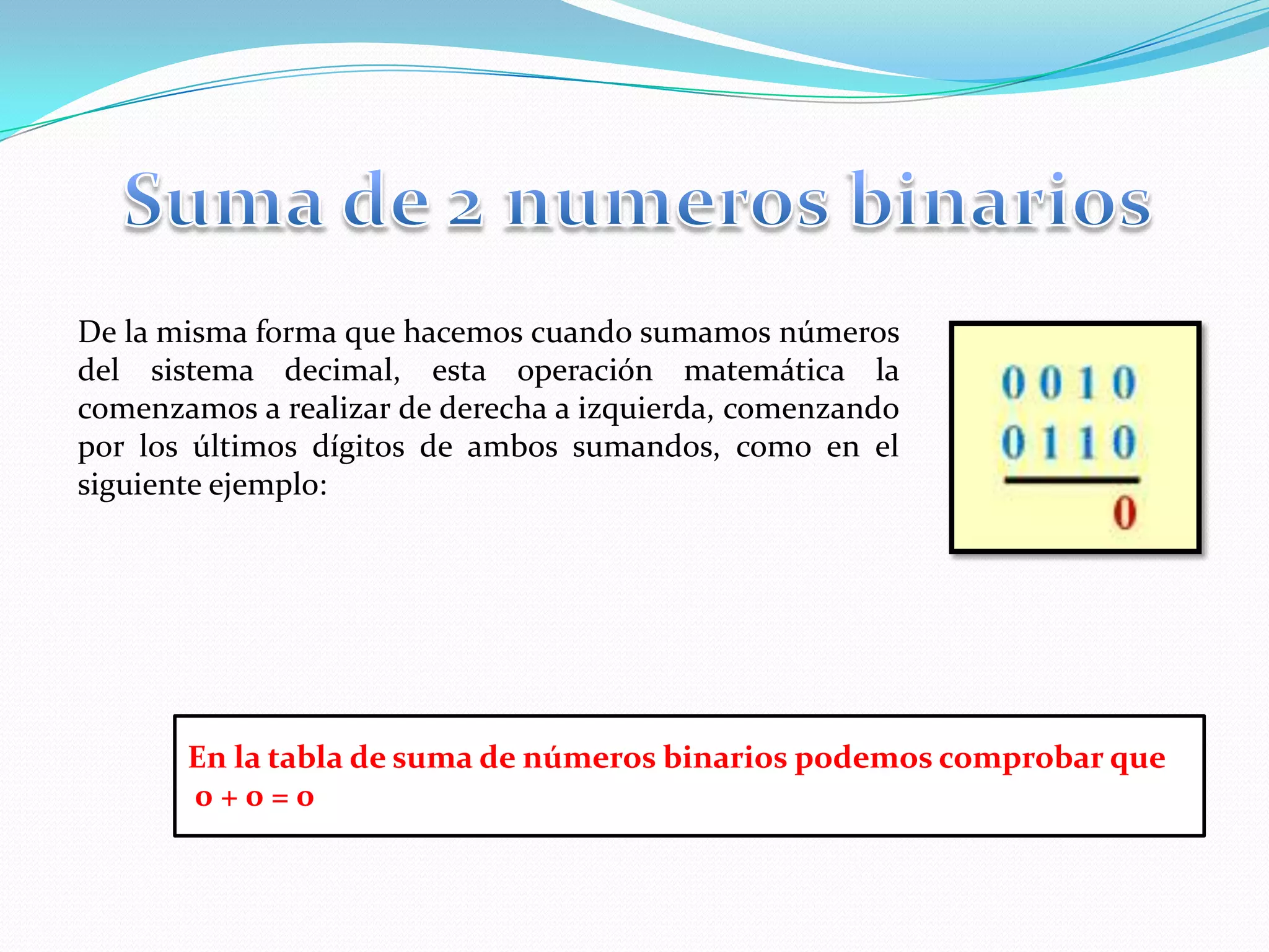 Suma de 2 numerosbinariosDe la misma forma que hacemos cuando sumamos números del sistema decimal, esta operación matemática la comenzamos a realizar de derecha a izquierda, comenzando por los últimos dígitos de ambos sumandos, como en el siguiente ejemplo:En la tabla de suma de números binarios podemos comprobar que 0 + 0 = 0