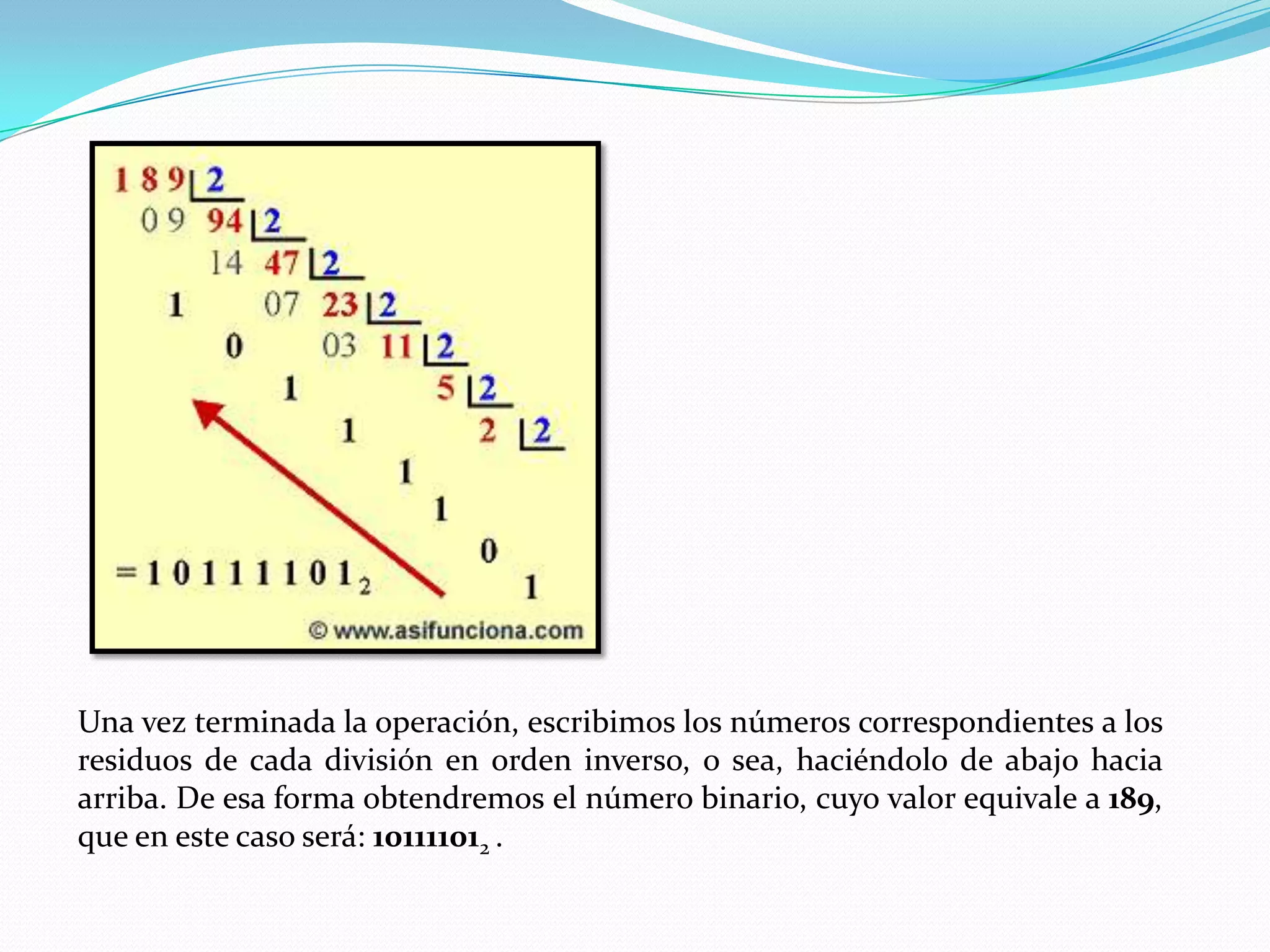 Una vez terminada la operación, escribimos los números correspondientes a los residuos de cada división en orden inverso, o sea, haciéndolo de abajo hacia arriba. De esa forma obtendremos el número binario, cuyo valor equivale a 189, que en este caso será: 101111012 .