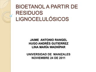 BIOETANOL A PARTIR DE
RESIDUOS
LIGNOCELULÓSICOS


     JAIME ANTONIO RANGEL
    HUGO ANDRÉS GUTIERREZ
      LINA MARÍA WADNÍPAR

   UNIVERSIDAD DE MANIZALES
      NOVIEMBRE 24 DE 2011
 