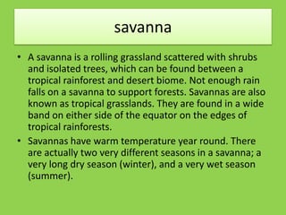 savanna
• A savanna is a rolling grassland scattered with shrubs
and isolated trees, which can be found between a
tropical rainforest and desert biome. Not enough rain
falls on a savanna to support forests. Savannas are also
known as tropical grasslands. They are found in a wide
band on either side of the equator on the edges of
tropical rainforests.
• Savannas have warm temperature year round. There
are actually two very different seasons in a savanna; a
very long dry season (winter), and a very wet season
(summer).
 