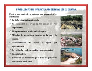 Existen una serie de problemas que repercuten en
este bioma.
La deforestación incontrolada
La extracción de arena de los cauces de ríos
importantes.
El represamiento inadecuado de aguas.
Métodos de agricultura basados en la tala y la
quema.
Contaminación de suelos y aguas por
agroquímicos.
Incendios forestales y con fines agropecuarios
Cacería furtiva.
Reducción de humedales para fines de ganadería
son los más resaltantes.
 