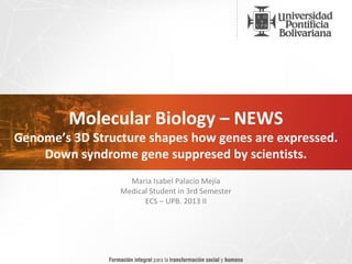 Molecular Biology – NEWS
Genome’s 3D Structure shapes how genes are expressed.
Down syndrome gene suppresed by scientists.
Maria Isabel Palacio Mejía
Medical Student in 3rd Semester
ECS – UPB. 2013 II
 