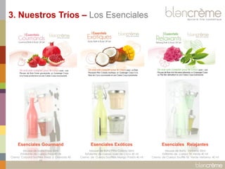 3. Nuestros Tríos – Los Esenciales 
Esenciales Gourmand Mousse de baño Fresa 50ml Esfoliante de cuerpo Fresa40 ml Crema Corporal Soufflée Fresa y Granada 40 ml 
Esenciales Exóticos Mousse de Baño Piña Colada 50ml Exfoliante de cuerpo nuez de Coco 40 ml Crema de Cuerpo Soufflée Mango Pasión 40 ml 
Esenciales Relajantes Mousse de Baño Verbena 50ml Exfilante de cuerpo Té Verde 40 ml Crema de Cuerpo Soufflé Té Verde Verbena 40 ml  
