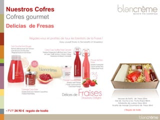 Nuestros Cofres
Cofres gourmet
Delicias de Fresas

Mousse de Baño de Fresa 50ml
Gel de Ducha a los Frutos Rojos180ml
Exfoliante de cuerpo fresa 40ml
Aceite de masaje Gourmand de Fresa 50ml

• PVP:34,90 € regalo de toalla

+ Regalo de toalla

 