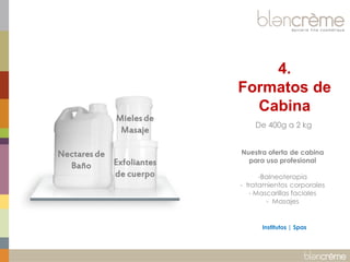 Mieles de
Masaje
Nectares de
Exfoliantes
Baño
de cuerpo

4.
Formatos de
Cabina
De 400g a 2 kg
Nuestra oferta de cabina
para uso profesional
-Balneoterapia
- tratamientos corporales
- Mascarillas faciales
- Masajes

Institutos | Spas

 