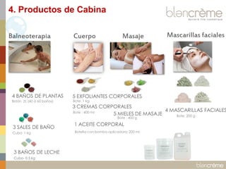 4. Productos de Cabina
Balneoterapia

4 BAÑOS DE PLANTAS
Bidón 2L (40 à 60 baños)

Cuerpo

Masaje

Mascarillas faciales

5 EXFOLIANTES CORPORALES
Bote: 1 kg

3 CREMAS CORPORALES
4 MASCARILLAS FACIALES
Bote : 400 ml
5 MIELES DE MASAJE
Bote: 200 g
Bote : 400 g

3 SALES DE BAÑO
Cubo: 1 kg

3 BAÑOS DE LECHE
Cubo- 0.5 kg

1 ACEITE CORPORAL
Botella con bomba aplicadora: 200 ml

 