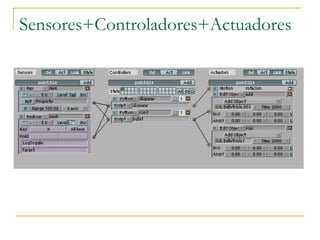 Sensores Los sensores son una propiedad del blender que permite ejecutar una acción en base a una tecla a o un evento en particular. 