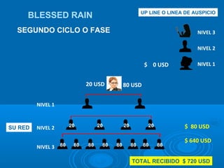 UP LINE O LINEA DE AUSPICIO NIVEL 1 NIVEL 2 NIVEL 3 80 USD 20 USD $  0 USD BLESSED RAIN SEGUNDO CICLO O FASE NIVEL 3 NIVEL 2 NIVEL 1 SU RED $  80 USD $ 640 USD 80 80 80 80 80 80 80 80 20 20 20 20 TOTAL RECIBIDO  $ 720 USD 