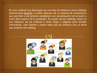 Es muy habitual que dispongan de una lista de enlaces a otros weblogs
(denominada blogroll) y suelen disponer de un sistema de comentarios
que permiten a los lectores establecer una conversación con el autor y
entre ellos acerca de lo publicado. Es propio de los weblogs hacer un
uso intensivo de los enlaces a otros blogs y páginas para ampliar
información, citar fuentes o hacer notar que se continúa con un tema
que empezó otro weblog.
 