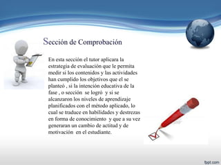 En esta sección el tutor aplicara la
estrategia de evaluación que le permita
medir si los contenidos y las actividades
han cumplido los objetivos que el se
planteó , si la intención educativa de la
fase , o sección se logró y si se
alcanzaron los niveles de aprendizaje
planificados con el método aplicado, lo
cual se traduce en habilidades y destrezas
en forma de conocimiento y que a su vez
generaran un cambio de actitud y de
motivación en el estudiante.
 