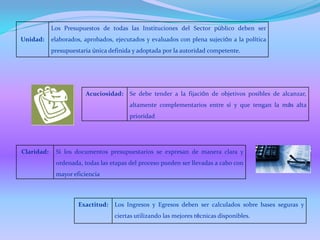 Unidad:
Los Presupuestos de todas las Instituciones del Sector público deben ser
elaborados, aprobados, ejecutados y evaluados con plena sujeción a la política
presupuestaria única definida y adoptada por la autoridad competente.
Acuciosidad: Se debe tender a la fijación de objetivos posibles de alcanzar,
altamente complementarios entre sí y que tengan la más alta
prioridad
Claridad: Si los documentos presupuestarios se expresan de manera clara y
ordenada, todas las etapas del proceso pueden ser llevadas a cabo con
mayor eficiencia
Exactitud: Los Ingresos y Egresos deben ser calculados sobre bases seguras y
ciertas utilizando las mejores técnicas disponibles.
 