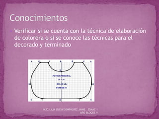  Verificar si se cuenta con la técnica de elaboración
de colorera o si se conoce las técnicas para el
decorado y terminado
M.C. LILIA LUCÍA DOMÍNGUEZ JAIME. ESMAC 1
AÑO BLOQUE V
 