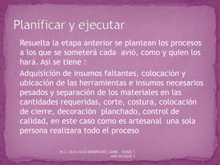  Resuelta la etapa anterior se plantean los procesos
a los que se someterá cada avió, como y quien los
hará. Asi se tiene :
 Adquisición de insumos faltantes, colocación y
ubicación de las herramientas e insumos necesarios
pesados y separación de los materiales en las
cantidades requeridas, corte, costura, colocación
de cierre, decoración planchado, control de
calidad, en este caso como es artesanal una sola
persona realizara todo el proceso
M.C. LILIA LUCÍA DOMÍNGUEZ JAIME. ESMAC 1
AÑO BLOQUE V
 