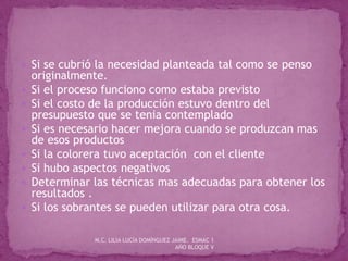  Si se cubrió la necesidad planteada tal como se penso
originalmente.
 Si el proceso funciono como estaba previsto
 Si el costo de la producción estuvo dentro del
presupuesto que se tenia contemplado
 Si es necesario hacer mejora cuando se produzcan mas
de esos productos
 Si la colorera tuvo aceptación con el cliente
 Si hubo aspectos negativos
 Determinar las técnicas mas adecuadas para obtener los
resultados .
 Si los sobrantes se pueden utilizar para otra cosa.
M.C. LILIA LUCÍA DOMÍNGUEZ JAIME. ESMAC 1
AÑO BLOQUE V
 