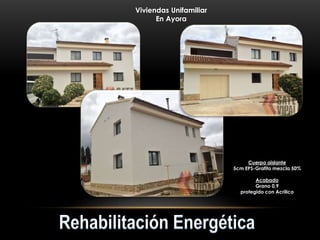 Viviendas Unifamiliar
En Ayora
Cuerpo aislante
5cm EPS-Grafito mezcla 50%
Acabado
Grano 0,9
protegido con Acrilico
 