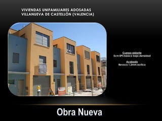 VIVIENDAS UNIFAMILIARES ADOSADAS
VILLANUEVA DE CASTELLÓN (VALENCIA)
Cuerpo aislante
5cm EPS básico baja densidad
Acabado
Revoco 1,2mm acríico
 