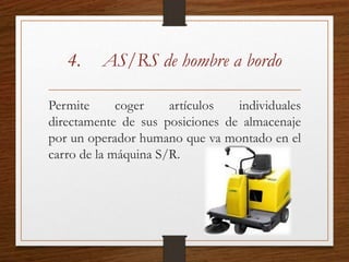 4. AS/RS de hombre a bordo
Permite coger artículos individuales
directamente de sus posiciones de almacenaje
por un operador humano que va montado en el
carro de la máquina S/R.
 