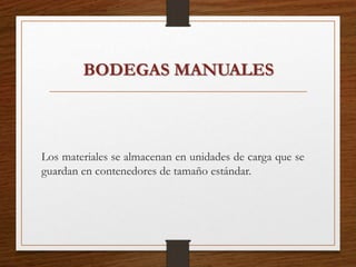 BODEGAS MANUALES
Los materiales se almacenan en unidades de carga que se
guardan en contenedores de tamaño estándar.
 