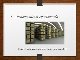 •Almacenamiento especializado.
Existen localizaciones reservadas para cada SKU
 