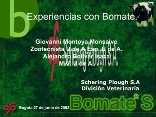 Schering Plough S.A División Veterinaria Giovanni Montoya Monsalve Zootecnista U de A Esp. U de A. Alejandro Bolivar Isaza M.V. U de A. Experiencias con Bomate. Bogota 27 de junio de 2002 