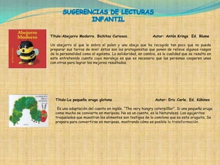 Título:Abejorro Modorro. Bichitos Curiosos.                 Autor: Antón Krings Ed. Blume

Un abejorro al que le sobra el polen y una abeja que ha recogido tan poco que no puede
preparar sus tarros de miel: éstos son los protagonistas que ponen de relieve algunos rasgos
de la personalidad como el egoísmo. La solidaridad, en cambio, es la cualidad que se resalta en
este entretenido cuento cuya moraleja es que es necesario que las personas cooperen unas
con otras para lograr los mejores resultados.




   Título:La pequeña oruga glotona                            Autor: Eric Carle. Ed. Kókinos

    Es una adaptación del cuento en inglés, “The very hungry caterpilllar”. Si una pequeña oruga
   come mucho se convierte en mariposa. No es un cuento, es la Naturaleza. Los agujeritos
   troquelados que muestran los alimentos son testigos de lo comilona que es esta oruguita. Se
   prepara para convertirse en mariposa, mostrando cómo es posible la transformación.
 