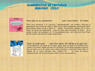 .


    Título:¿Qué son los sentimientos?.              Autor: Óscar Benfier. Ed: Edebé.

     Este libro pertenece a la colección "Superpreguntas", una primera iniciación al
    pensamiento para todos los niños y niñas que se hacen preguntas importantes sobre
    ellos mismos, sobre la vida y sobre el      mundo. Te permitirá dialogar con tu hijo y
    hablar de temas tan importantes como los celos entre hermanos, el miedo           en el
    colegio, el amor de los padres, etc. Te recomendamos leas con tu hijo los otros títulos
    de esta misma colección. ¡No tienen desperdicio!




     Título: Se vende mamá          Autor:Care Santos. Ed: SM.Barco de vapor azul.
      El protagonista, con ayuda de su mejor amiga, pone un anuncio en Internet para
     vender a su madre. Desde que nació el "garbanzo" (su hermano pequeño) le parece
     que su madre ya no le quiere como antes. Original y divertido, trata sobre la
     llegada de un nuevo hermano pero también de                  los hijos de padres
     monoparentales, de las librerías para niños y de los cuentacuentos...
 