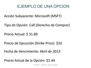 EJEMPLO DE UNA OPCION
Acción Subyacente: Microsoft (MSFT)
Tipo de Opción: Call (Derecho de Comprar)
Precio Actual: $ 31.89
Precio de Ejecución (Strike Price): $33
Fecha de Vencimiento: Abril de 2013
Precio Actual de la Opción: $1.44
(C) 2013. Carlos M. García Arcaya
 