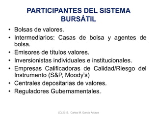PARTICIPANTES DEL SISTEMA
BURSÁTIL
• Bolsas de valores.
• Intermediarios: Casas de bolsa y agentes de
bolsa.
• Emisores de títulos valores.
• Inversionistas individuales e institucionales.
• Empresas Calificadoras de Calidad/Riesgo del
Instrumento (S&P, Moody’s)
• Centrales depositarias de valores.
• Reguladores Gubernamentales.
(C) 2013. Carlos M. García Arcaya
 