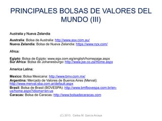 PRINCIPALES BOLSAS DE VALORES DEL
MUNDO (III)
Australia y Nueva Zelandia
Australia: Bolsa de Australia: http://www.asx.com.au/
Nueva Zelandia: Bolsa de Nueva Zelandia: https://www.nzx.com/
Africa:
Egipto: Bolsa de Egipto: www.egx.com.eg/english/homepage.aspx
Sur Africa: Bolsa de Johanesburgo: http://www.jse.co.za/Home.aspx
America Latina:
Mexico: Bolsa Mexicana: http://www.bmv.com.mx/
Argentina: Mercado de Valores de Buenos Aires (Merval):
http://www.merval.sba.com.ar/default.aspx
Brasil: Bolsa de Brasil (BOVESPA): http://www.bmfbovespa.com.br/en-
us/home.aspx?idioma=en-us
Caracas: Bolsa de Caracas: http://www.bolsadecaracas.com
(C) 2013. Carlos M. García Arcaya
 
